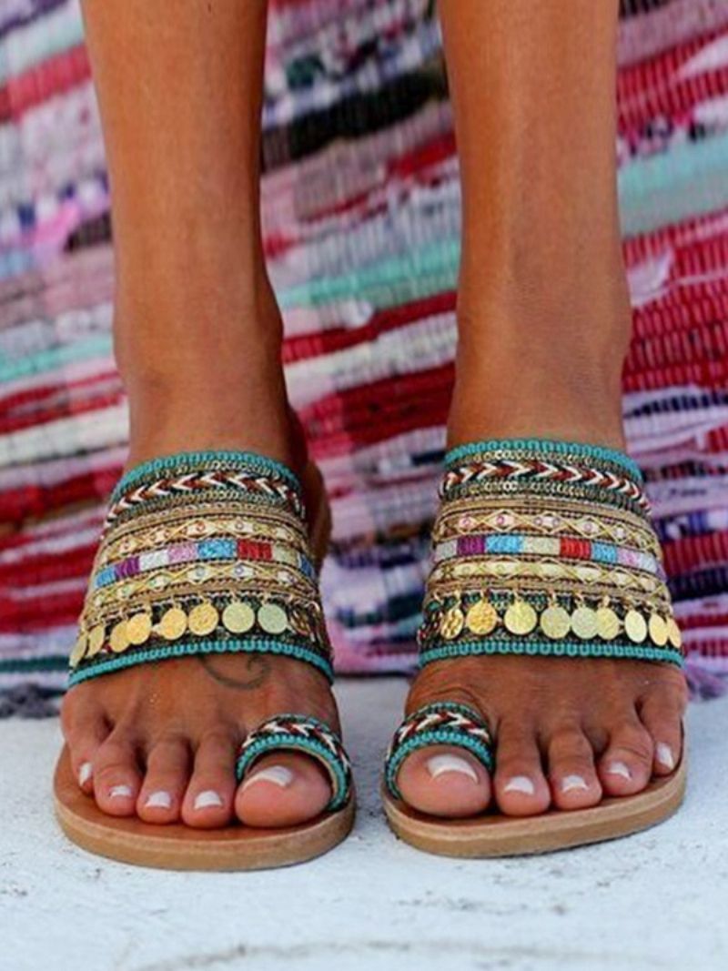 Strandsandaler Til Kvinder Boho Toe Loop Sandal Slides - Grøn