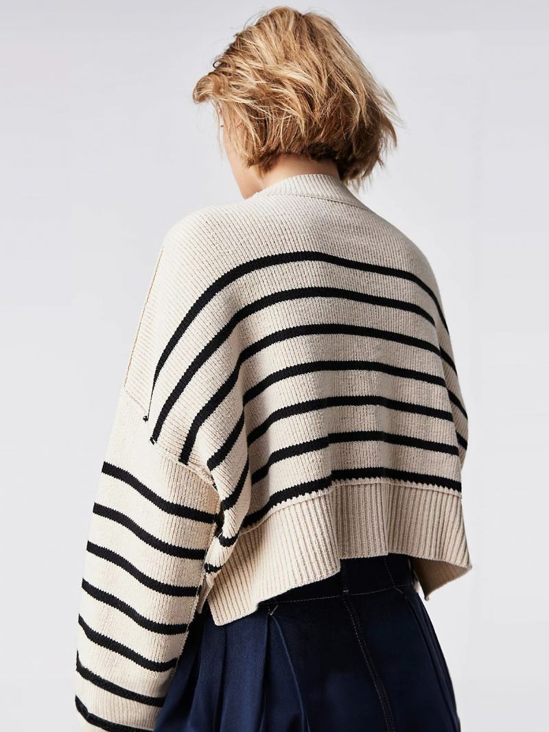 Strip Pullover Rundhals Drop Skulder Langærmede Dame Sweater - Lysegul