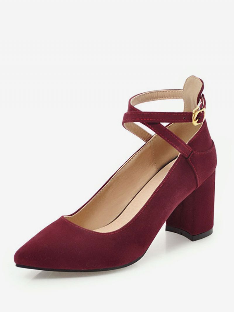 Tåspids Chunky Hæle Ruskind Burgundy Crisscross Pumps Til Kvinder