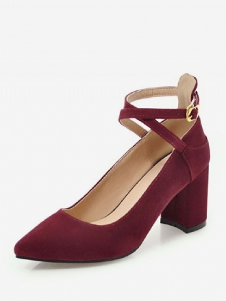 Tåspids Chunky Hæle Ruskind Burgundy Crisscross Pumps Til Kvinder