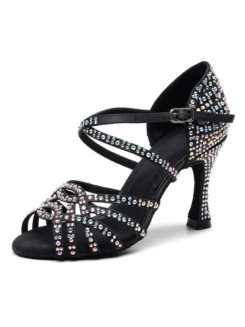 Tilpassede Latinske Dansesko Til Kvinder Satin Sort Peep Toe Luksus Rhinestones Ballroom Dance Sko