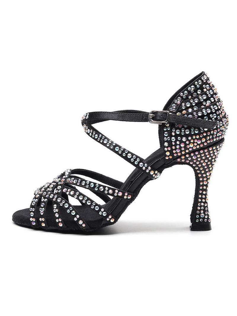 Tilpassede Latinske Dansesko Til Kvinder Satin Sort Peep Toe Luksus Rhinestones Ballroom Dance Sko - Sort