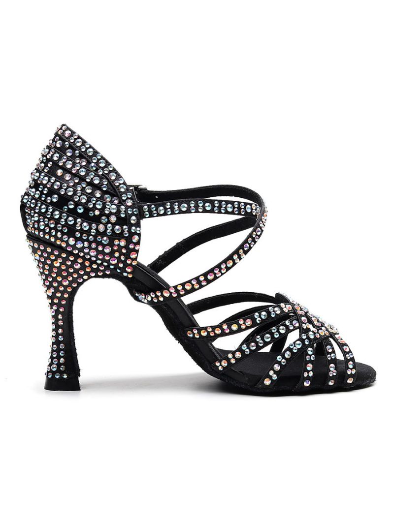 Tilpassede Latinske Dansesko Til Kvinder Satin Sort Peep Toe Luksus Rhinestones Ballroom Dance Sko - Sort