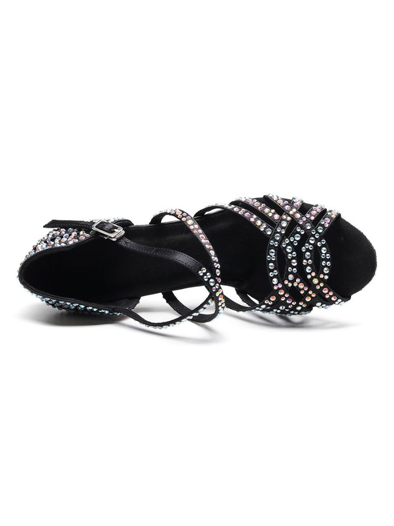 Tilpassede Latinske Dansesko Til Kvinder Satin Sort Peep Toe Luksus Rhinestones Ballroom Dance Sko - Sort