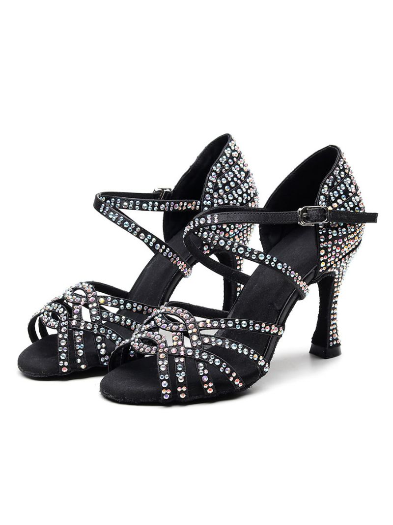 Tilpassede Latinske Dansesko Til Kvinder Satin Sort Peep Toe Luksus Rhinestones Ballroom Dance Sko - Sort