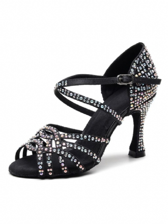 Tilpassede Latinske Dansesko Til Kvinder Satin Sort Peep Toe Luksus Rhinestones Ballroom Dance Sko