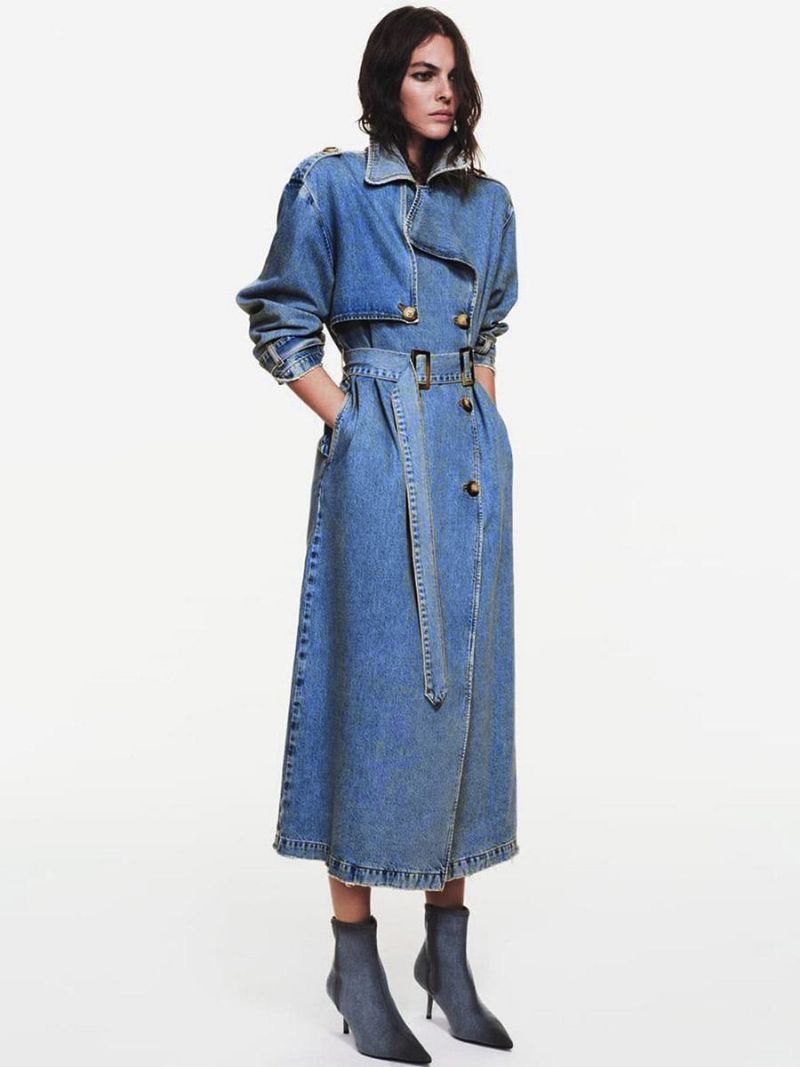 Trench Coat Notched Lapel Double Breast Belted Dame Overtøj