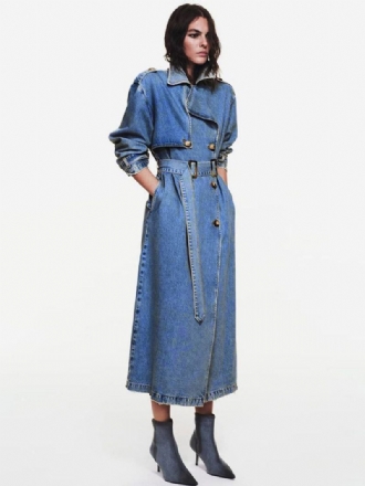 Trench Coat Notched Lapel Double Breast Belted Dame Overtøj