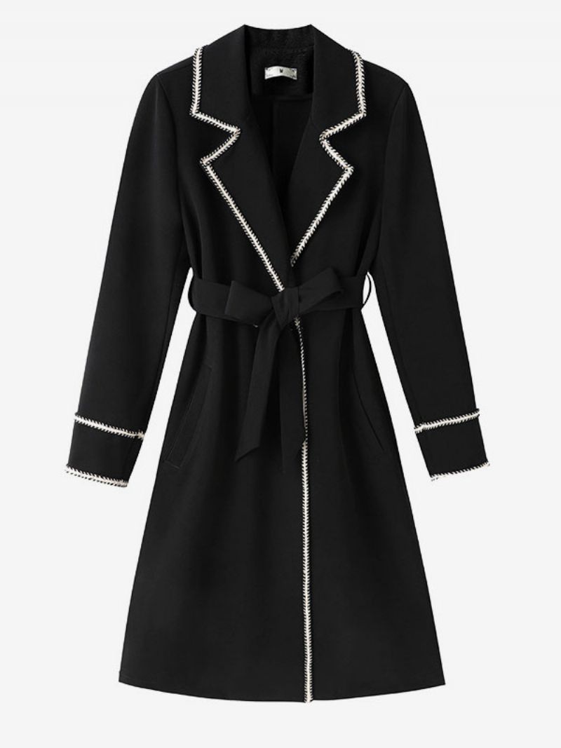 Trench Coat Til Kvinder Lapel Lange Ærmer Efterår Overtøj - Sort