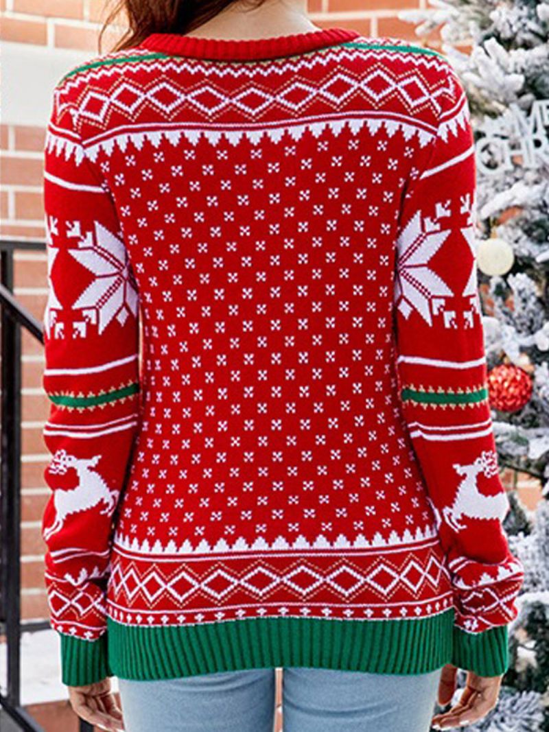 Ugly Sweater Juletræ Snefnug Ribbet Pullover Til Damer - Hvid