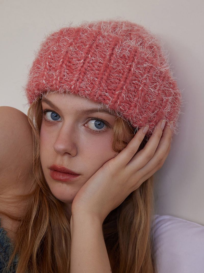 Uld Blend Beanie Ensfarvet Klassisk Hat Til Damer - Pink