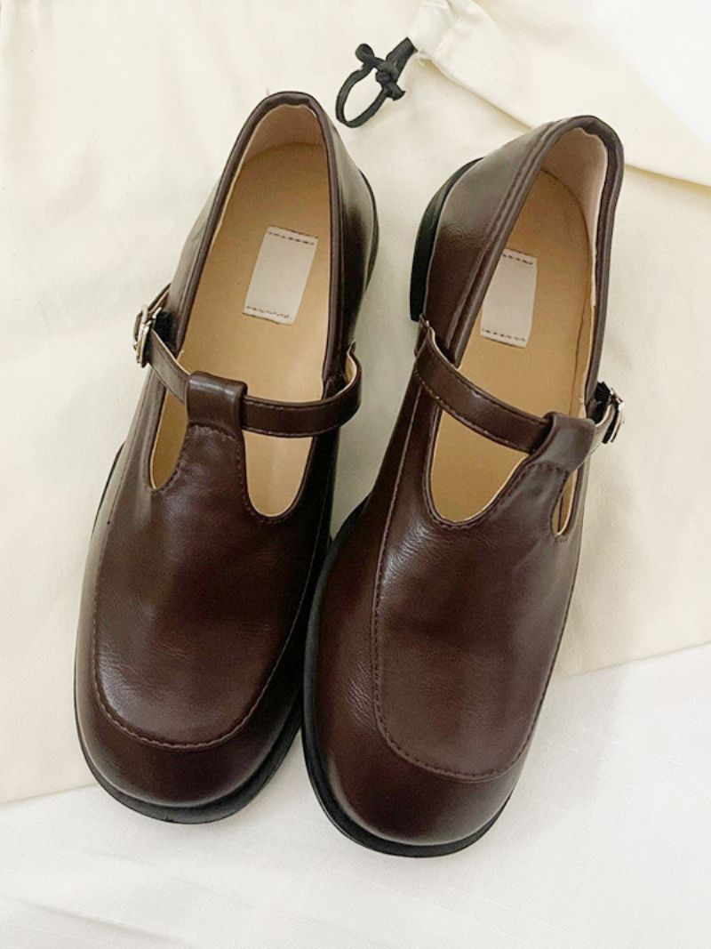 Vintage Loafers Til Kvinder Suqare Toe Buckle Puppy Heel