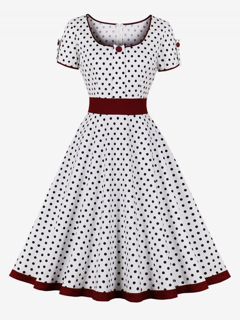 Vintagekjole 1950'erne Audrey Hepburn-stil Mørk Marineblå Polkaprikker Korte Ærmer Rockabilly-kjole Til Kvinder