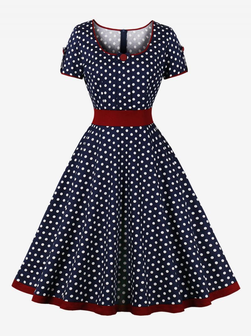 Vintagekjole 1950'erne Audrey Hepburn-stil Mørk Marineblå Polkaprikker Korte Ærmer Rockabilly-kjole Til Kvinder - Mørk Navy