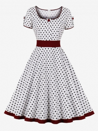 Vintagekjole 1950'erne Audrey Hepburn-stil Mørk Marineblå Polkaprikker Korte Ærmer Rockabilly-kjole Til Kvinder