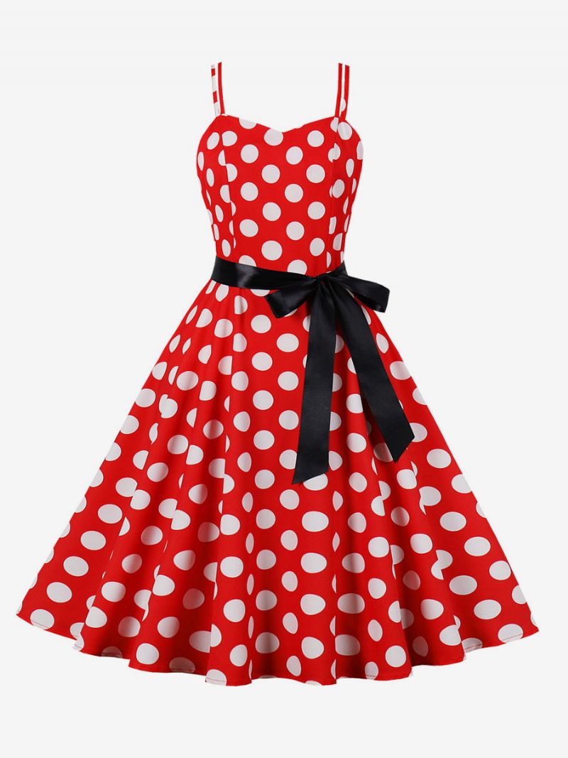 Vintagekjole 1950'erne Audrey Hepburn-stil Pink Polka Dot Rockabilly-kjole Uden Ærmer Til Kvinder - Rød