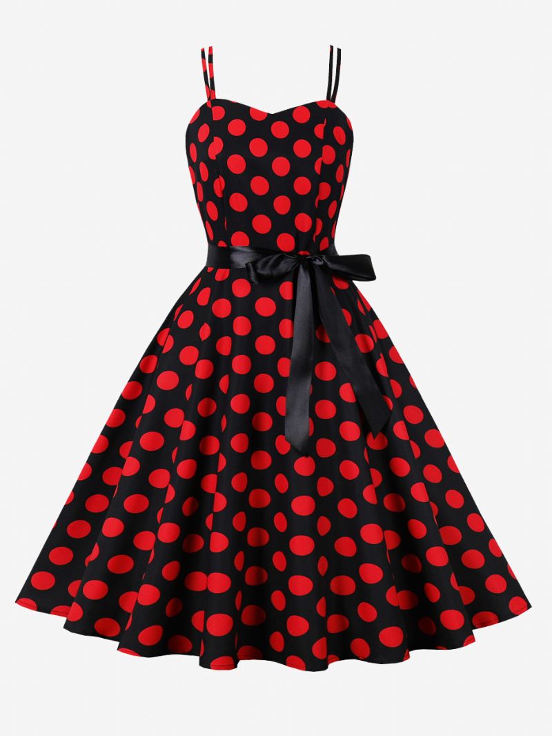 Vintagekjole 1950'erne Audrey Hepburn-stil Pink Polka Dot Rockabilly-kjole Uden Ærmer Til Kvinder - Mørkerød