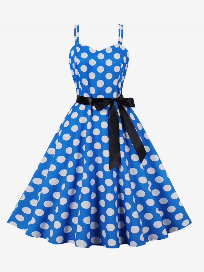 Vintagekjole 1950'erne Audrey Hepburn-stil Pink Polka Dot Rockabilly-kjole Uden Ærmer Til Kvinder - Blå