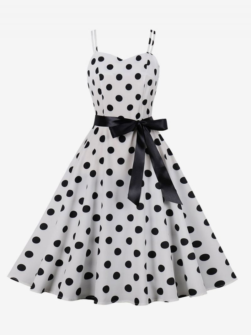 Vintagekjole 1950'erne Audrey Hepburn-stil Pink Polka Dot Rockabilly-kjole Uden Ærmer Til Kvinder - Hvid