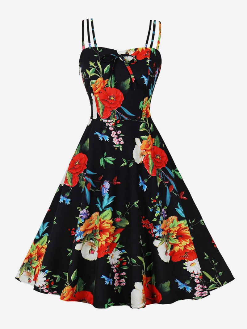 Vintagekjole 1950'erne Audrey Hepburn-stil Rygløs Ærmeløs Kvinders Knælængde Blomsterprint Rockabilly-kjole