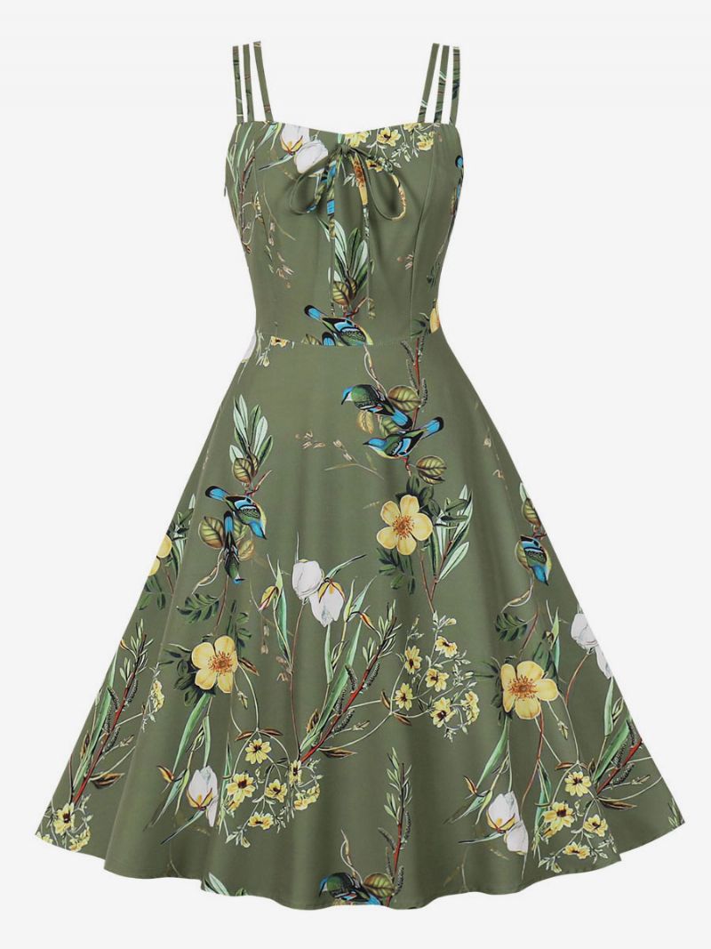 Vintagekjole 1950'erne Audrey Hepburn-stil Rygløs Ærmeløs Kvinders Knælængde Blomsterprint Rockabilly-kjole - Hunter Green