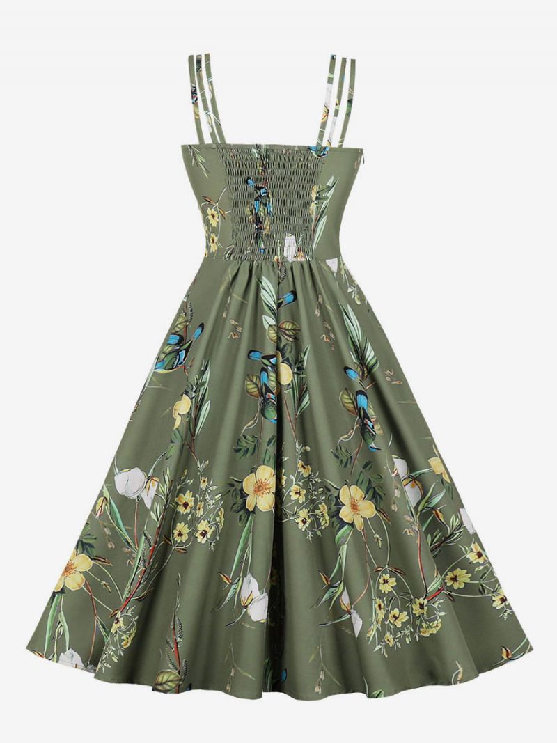 Vintagekjole 1950'erne Audrey Hepburn-stil Rygløs Ærmeløs Kvinders Knælængde Blomsterprint Rockabilly-kjole - Hunter Green