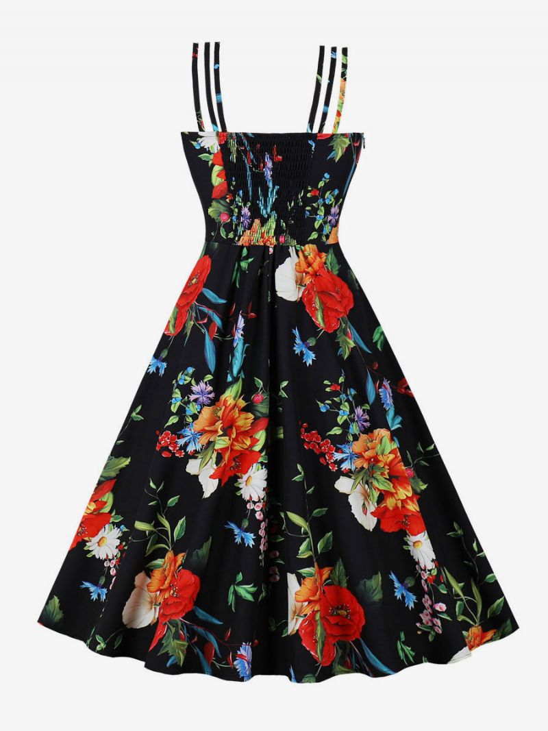 Vintagekjole 1950'erne Audrey Hepburn-stil Rygløs Ærmeløs Kvinders Knælængde Blomsterprint Rockabilly-kjole - Sort