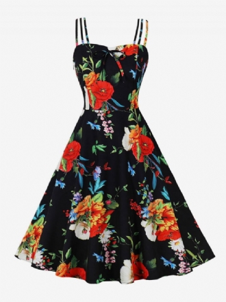 Vintagekjole 1950'erne Audrey Hepburn-stil Rygløs Ærmeløs Kvinders Knælængde Blomsterprint Rockabilly-kjole