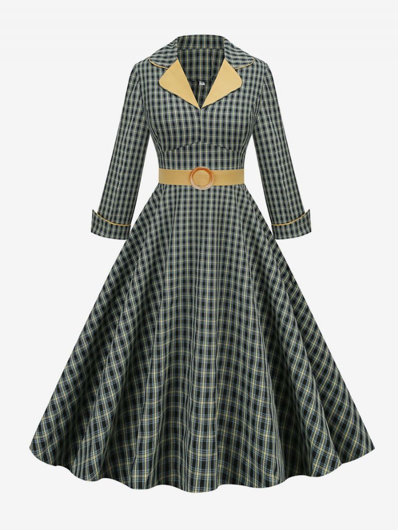 Vintagekjole 1950'erne Audrey Hepburn-stil Turndown-krave Lange Ærmer Mellemstor Plaid Rockabilly-kjole Til Kvinder