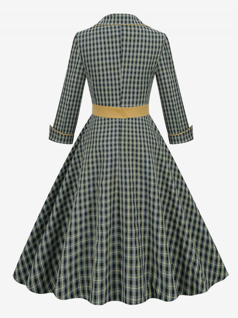 Vintagekjole 1950'erne Audrey Hepburn-stil Turndown-krave Lange Ærmer Mellemstor Plaid Rockabilly-kjole Til Kvinder - Hunter Green