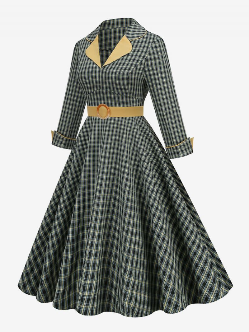 Vintagekjole 1950'erne Audrey Hepburn-stil Turndown-krave Lange Ærmer Mellemstor Plaid Rockabilly-kjole Til Kvinder - Hunter Green