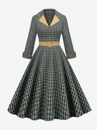 Vintagekjole 1950'erne Audrey Hepburn-stil Turndown-krave Lange Ærmer Mellemstor Plaid Rockabilly-kjole Til Kvinder