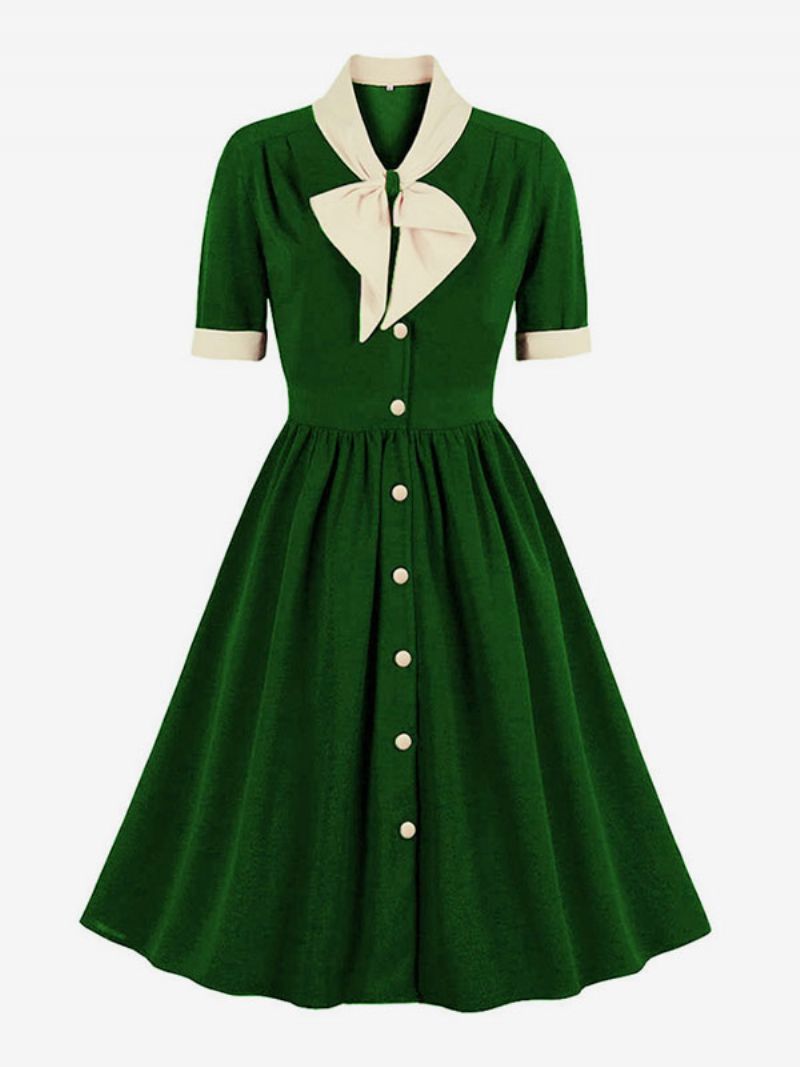 Vintagekjole 1950'erne Audrey Hepburn Style Grøn Tofarvet Dame Flæser Kortærmede Rockabilly Kjole - Grøn