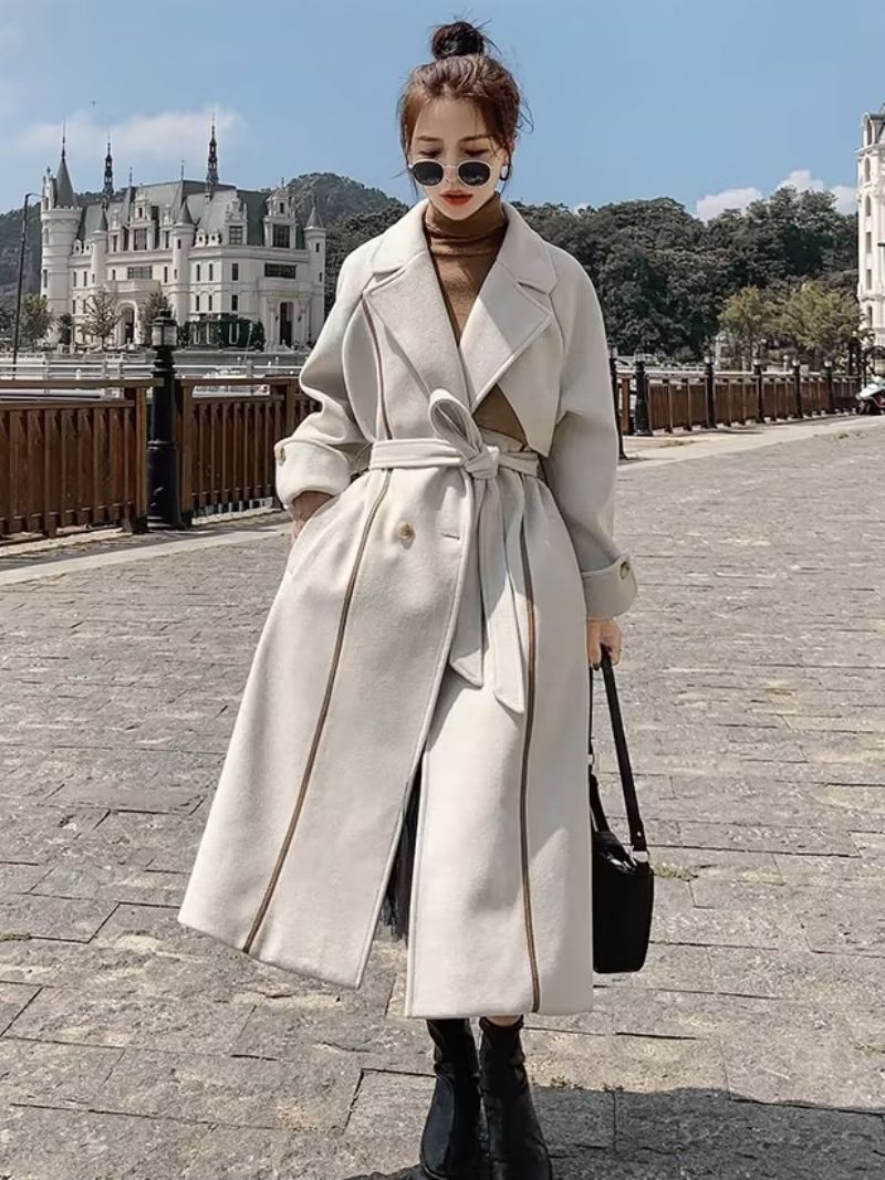 Wrap Overcoat Til Damer Ecru White Lapel Belted Classic Winter Overwear