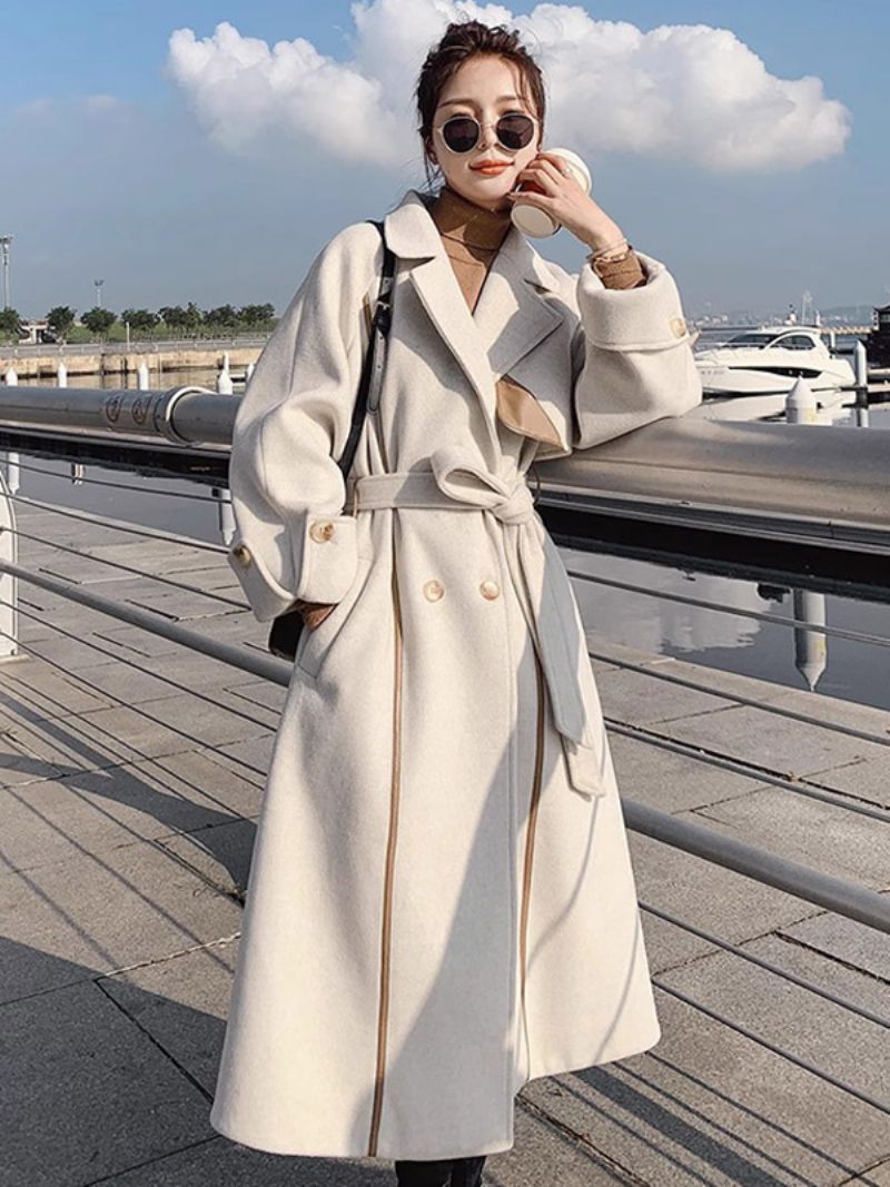 Wrap Overcoat Til Damer Ecru White Lapel Belted Classic Winter Overwear - Beige