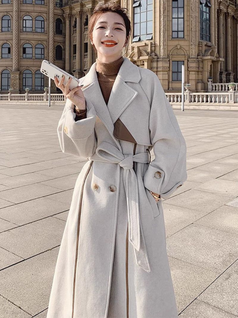 Wrap Overcoat Til Damer Ecru White Lapel Belted Classic Winter Overwear - Beige